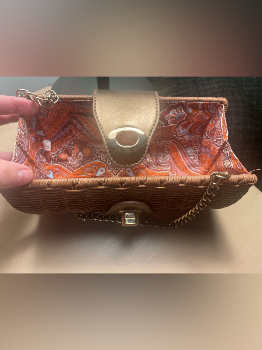Woven Brown chain Bag with Paisley Lining